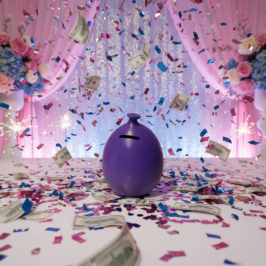Purple balloon with a cutout in the middle on a table covered in money and confetti, with pink curtains and flowers in the background.