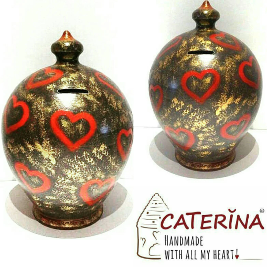 piggy bank adult, decorative coin bank, pottery anniversary gift, gift for husband, piggy bank for adult, woman piggy bank, piggy bank brown and gold with red hearts