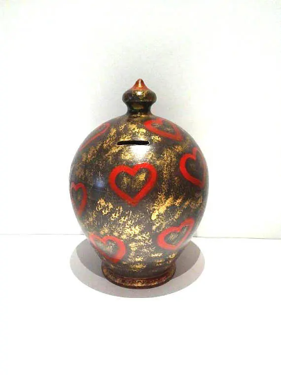 piggy bank adult, decorative coin bank, pottery anniversary gift, gift for husband, piggy bank for adult, woman piggy bank, piggy bank brown and gold with red hearts