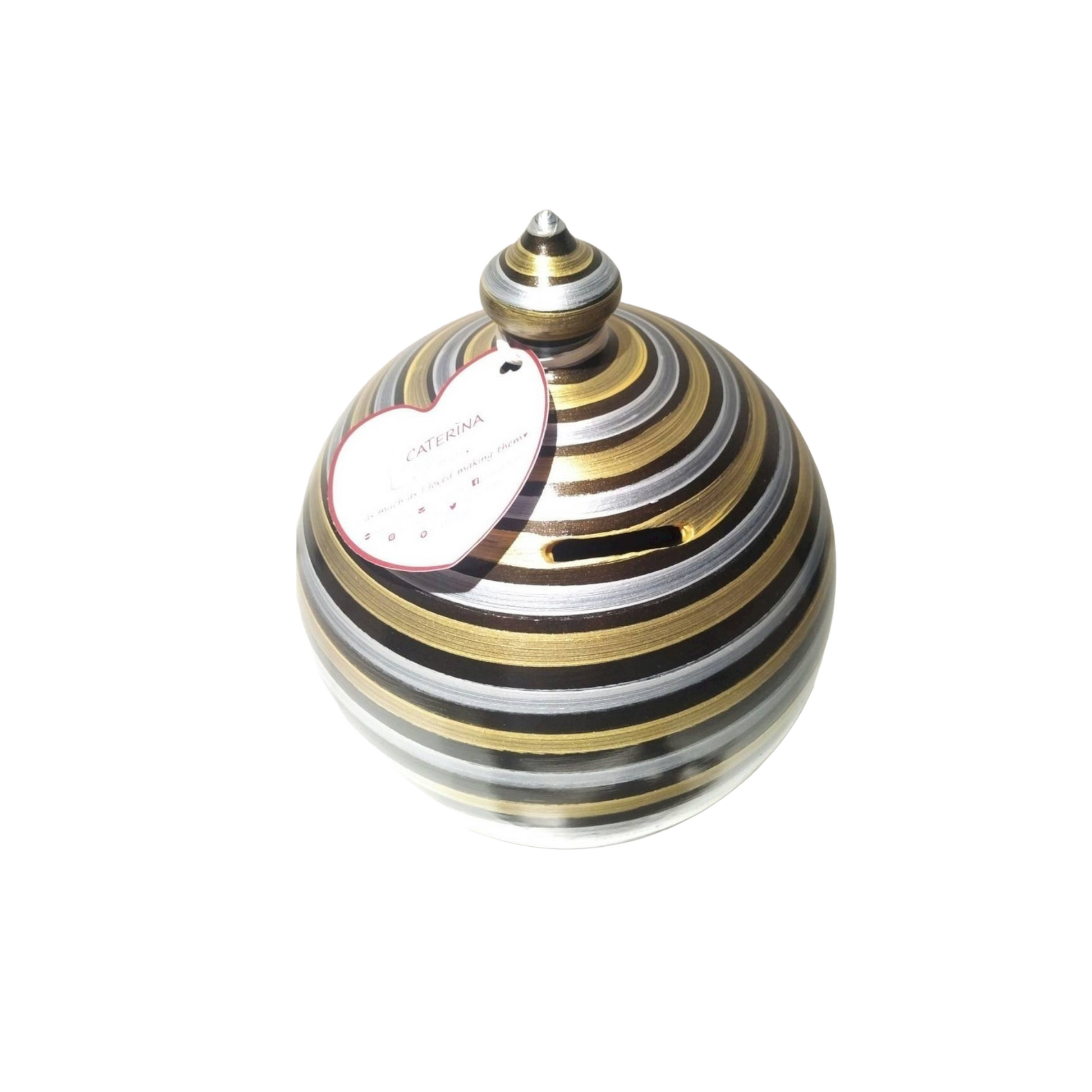 Handmade in Italy, the ideal gift for piggy bank lovers both kids and adults! Colors: Silver, Black & Gold. 💰Size: 15 cm = 5.90 inches in height. Circumference: 40 cm = 15.74 inches. With hole and stopper plug, or without hole.