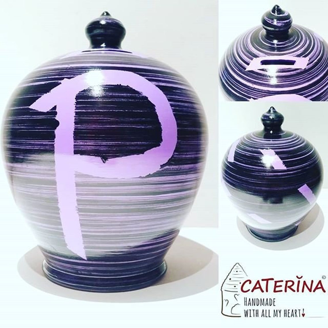 Looking for a personalized coin bank for that special someone? We welcome custom orders! We will hand draw your initials and/or hand paint your piggy bank with colors of your choice. A great gift idea for both women and men!  💰 Size: 30 cm = 11,811 Inches. Circumference: 72 cm = 28,3 inches.  Colors: Brilliant Purple and Black, as in picture.  With hole and stopper plug, or without hole.