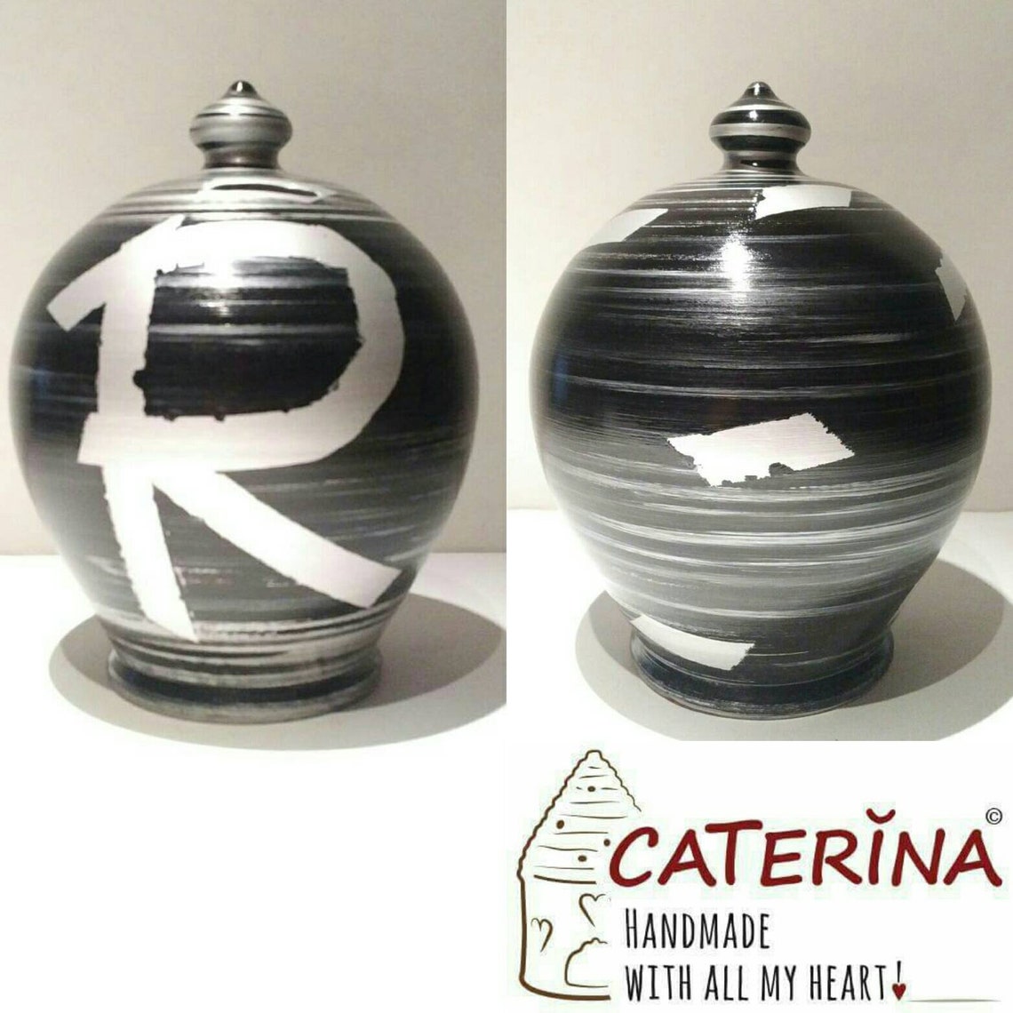 Looking for a personalized coin bank for that special someone? We welcome custom orders! We will hand draw your initials and/or hand paint your piggy bank with colors of your choice. A great gift idea for both women and men!  💰 Size: 30 cm = 11,811 Inches. Circumference: 72 cm = 28,3 inches.  Colors: Silver and Black, as in picture.  With hole and stopper plug, or without hole.