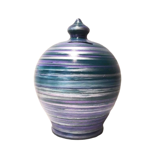Piggy bank, italian pottery piggy bank. Colors: green, purple, silver as in picture. 💰Size: 15 cm = 5.90 inches in height. Circumference: 40 cm = 15.74 inches. With hole and stopper plug, or without hole.