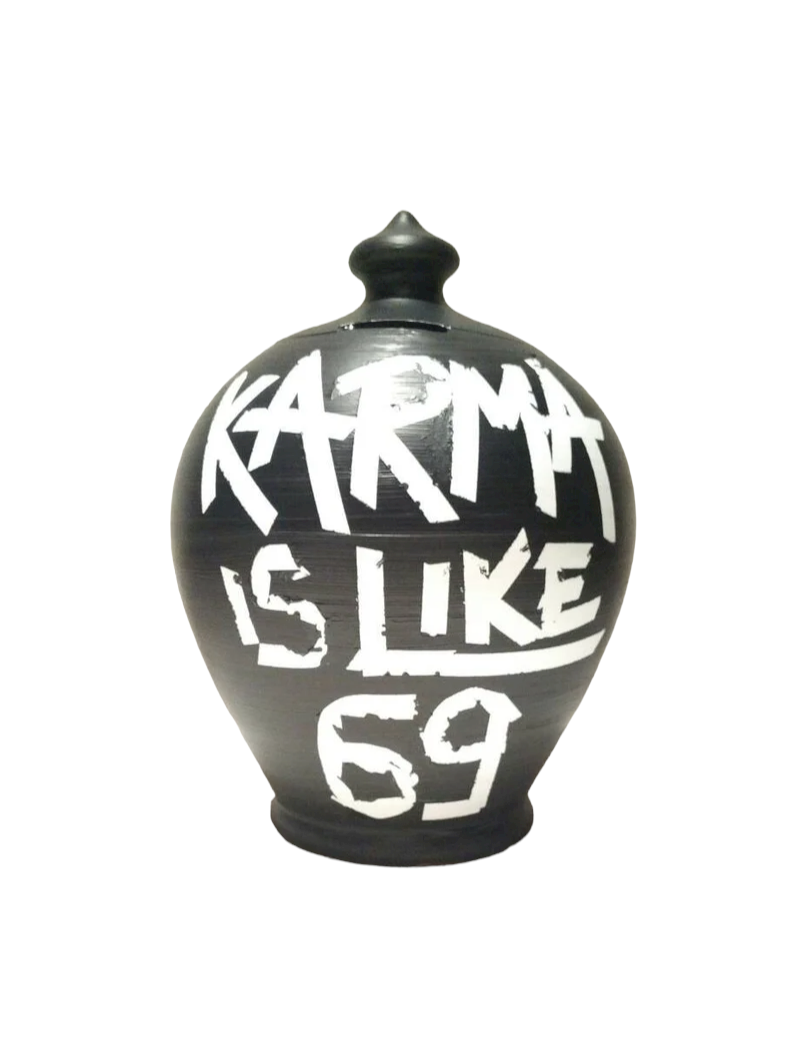 Piggy Bank for adults, Karma is like 69 U Get What U Give. Coin bank front: KARMA IS LIKE 69. Coin bank back: U GET WHAT U GIVE. Size: 30 cm = 11,811 Inches. Made to order. Black and White, as in picture With hole and stopper plug, or without hole.