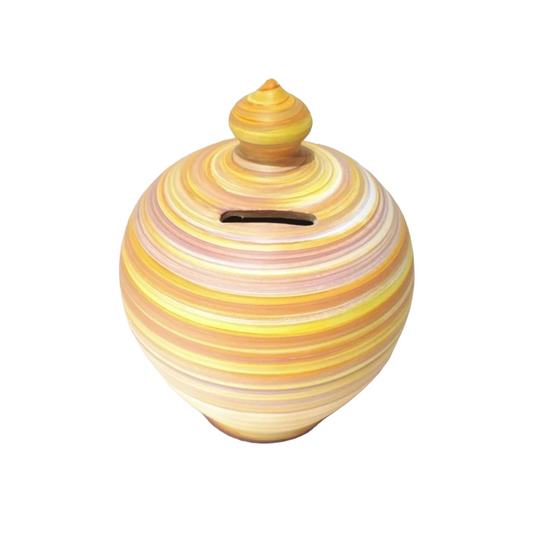 Give your home a stylish touch with this handcrafted and hand painted clay money pot. A work of practical art, and an amazing gift, this piggy bag for adults is a keepsake that they’ll treasure for years to come!  Size: 17 cm = 6.70 inches in height. Circumference: 44 cm = 17.32 inches.   Colors: White, Purple, Orange, Yellow, as in picture.  With hole and stopper plug, or without hole.