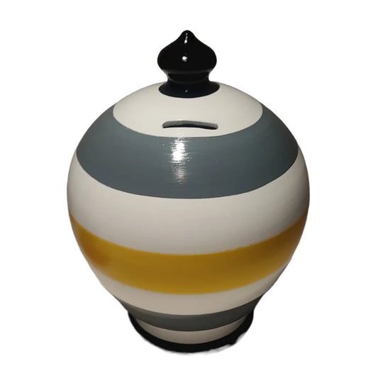 Handmade Italian pottery at its finest. Add character to your home and save money in style! Colors: white, grey, yellow, black, as in picture. 💰Size: 15 cm = 5.90 inches in height. Circumference: 40 cm = 15.74 inches. With hole and stopper plug, or without hole. This item is entirely handmade and hand-painted with acrylic colors, and is signed by me at the bottom.