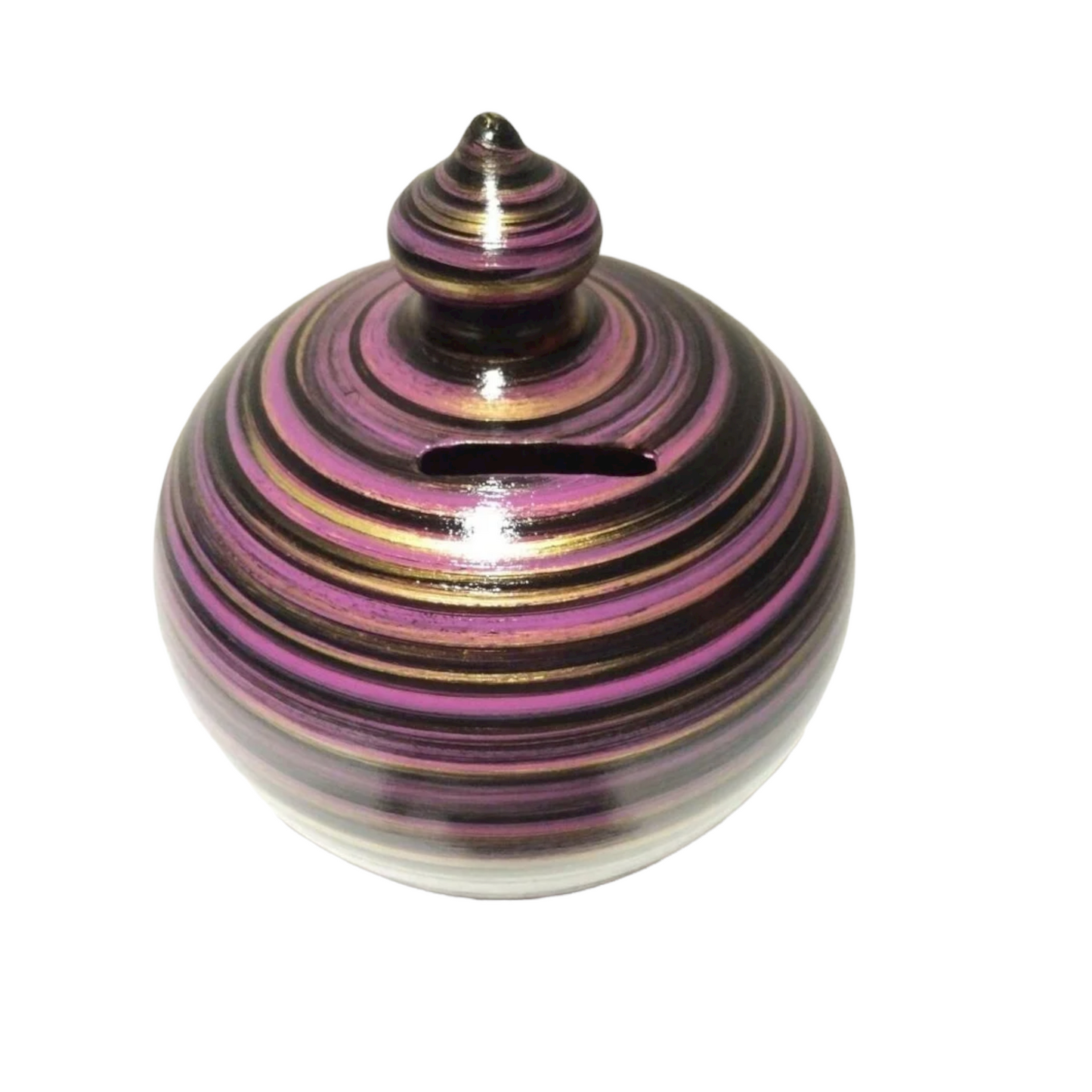 A coin bank for your cash savings, so stunning and stylish that you will never want to break open. Handmade to order in my studio in Rome, Italy, it is the perfect gift both for women and men.  💰Size: 30 cm = 11.81 inches in height. Circumference: 72 cm = 28.3 inches  ⭐Colors: Purple, Black & Gold, as in picture.  With hole and stopper plug, or without hole.