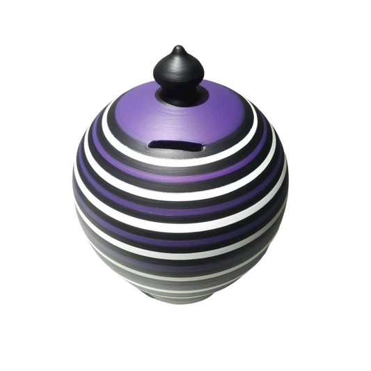 A handmade and hand painted coin bank is an elegant addition to any home decor and a classy and practical gift for all ages!  Size: 20 cm = 7.874 Inches. Circumference: 52 cm = 20 inch.  Colors: Ultramarine purple, black and white, as in picture. With hole and stopper plug, or without hole.