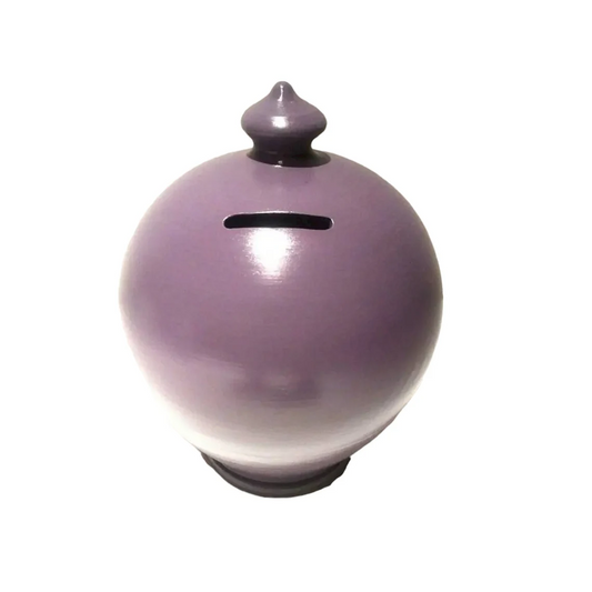 Purple piggy bank. Pottery coin bank, with or without hole