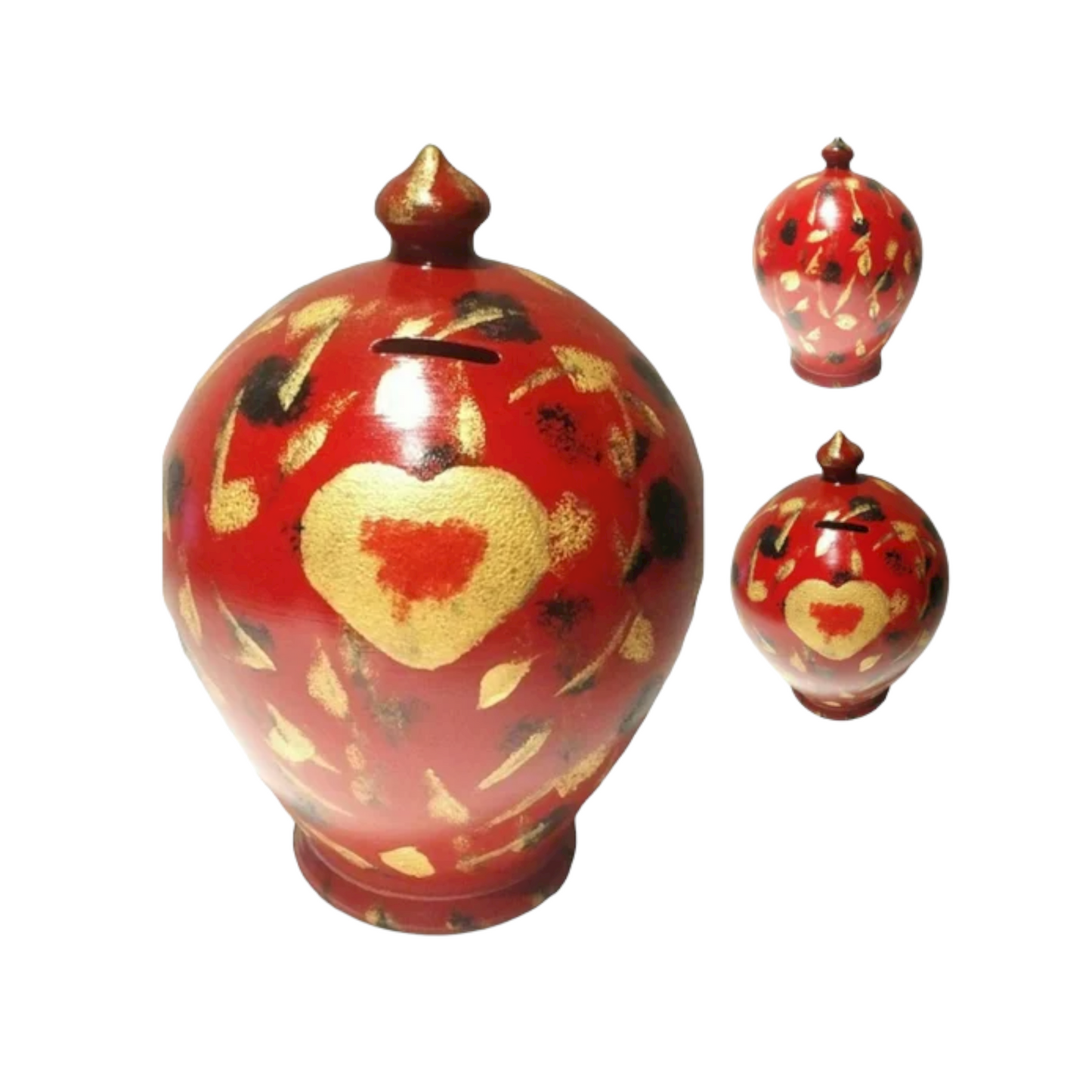 Colors: Red, gold, black. Heart: Gold and red. 💰Size: 15 cm = 5.90 inches in height. Circumference: 40 cm = 15.74 inches. With hole and stopper plug, or without hole.