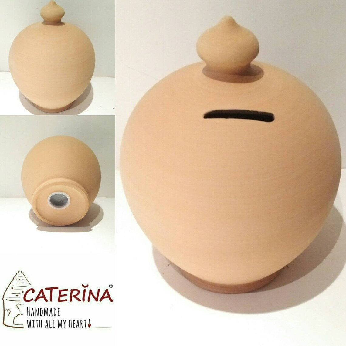 Curvy, gorgeous, precious and one of the most classy and thoughtful gifts for a man or a woman! Handmade and hand painted in my studio in Rome, Italy. Wheel thrown pottery, handmade Italian Coin bank.   Made to order. Size: 17 cm = 6.70 inches in height.  Color: Natural clay, not lacquered. With hole and stopper plug, or without hole.