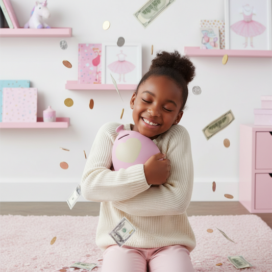 Pink balloon-shaped money box with a heart design on a white background with pink confetti.