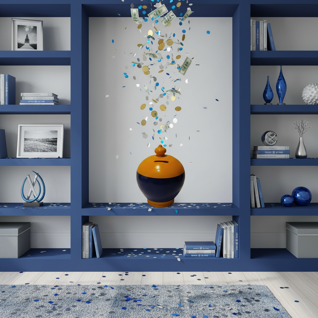 A handmade terracotta money pot with a dark yellow and ultramarine blue finish, designed as a piggy bank with a hole on top for inserting coins.