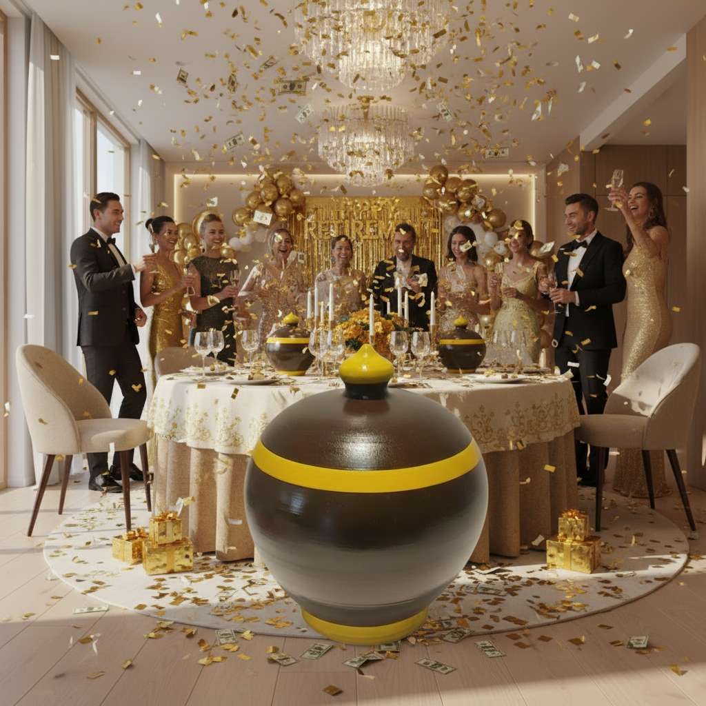 Ceramic jar with a yellow band and lid on a beige background