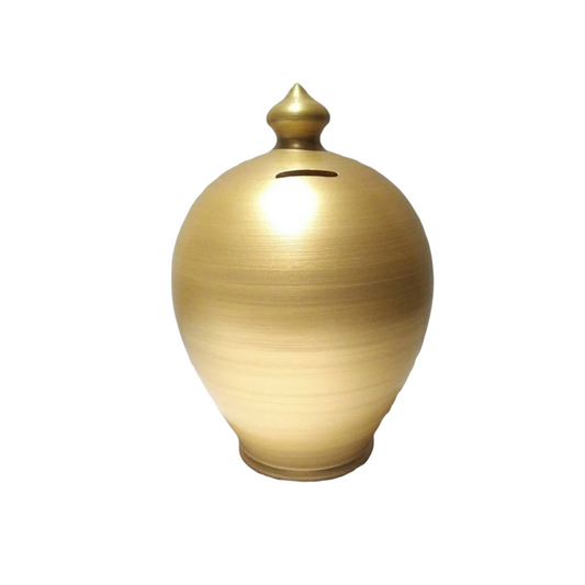 Gold Piggy Bank, 10 inch height, adult coin bank, piggy bank for adults. Color: gold. Made to order. Size: 25 cm = 9.8425 Inches. With hole and stopper plug, or without hole.