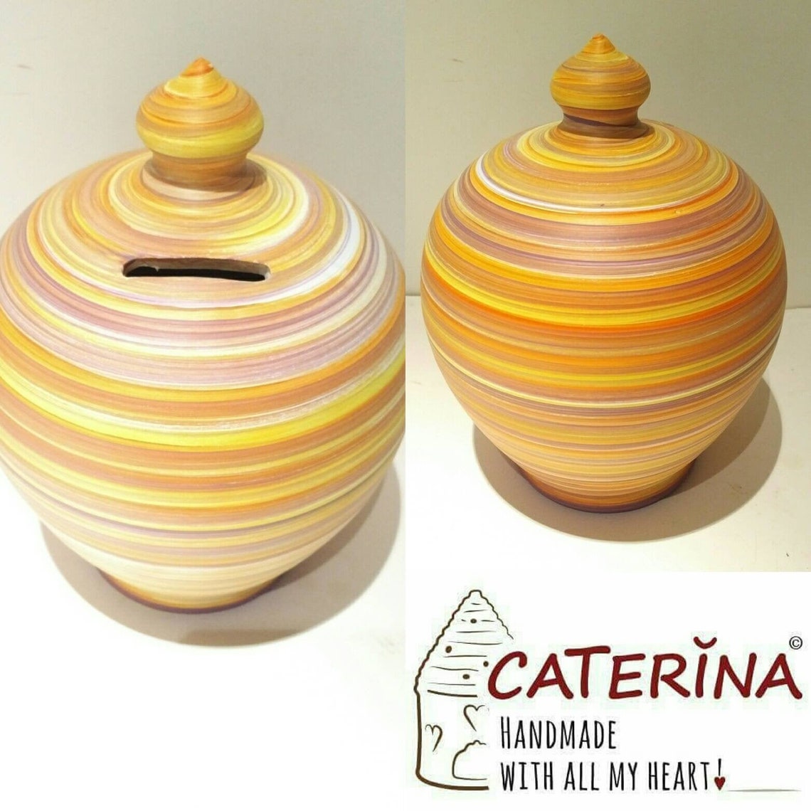A coin bank for your cash savings, so stunning and stylish that you will never want to break open. Handmade to order in my studio in Rome, Italy, it is the perfect gift for women and men.  Size: 20 cm = 7.874 Inches. Circumference: 52 cm = 20 inch.  Colors: White, Purple, Orange, Yellow, as in picture.  With hole and stopper plug, or without hole.