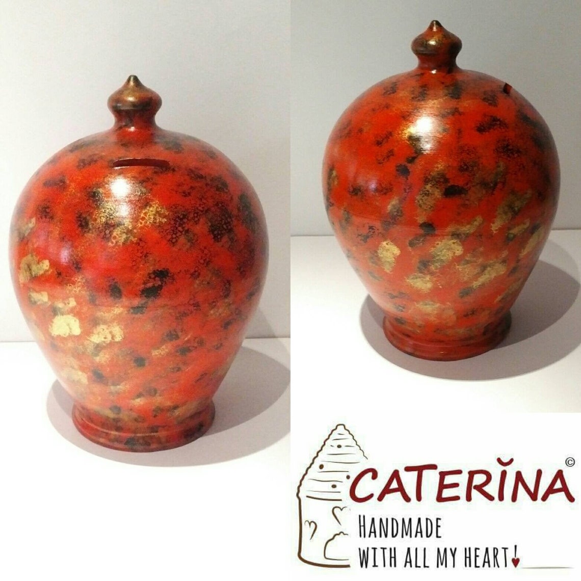 Curvy, gorgeous, precious and one of the most classy and thoughtful gifts for a man or a woman! Handmade and hand painted in my studio in Rome, Italy.  Made to order. Piggy bank size: 20 cm = 7.874 Inches. Circumference: 52 cm = 20 inch.  Color: Orange+Red, Gold, Black. With hole and stopper plug, or without hole.  This item is entirely handmade and hand-painted with acrylic colors, and is signed by me at the bottom.