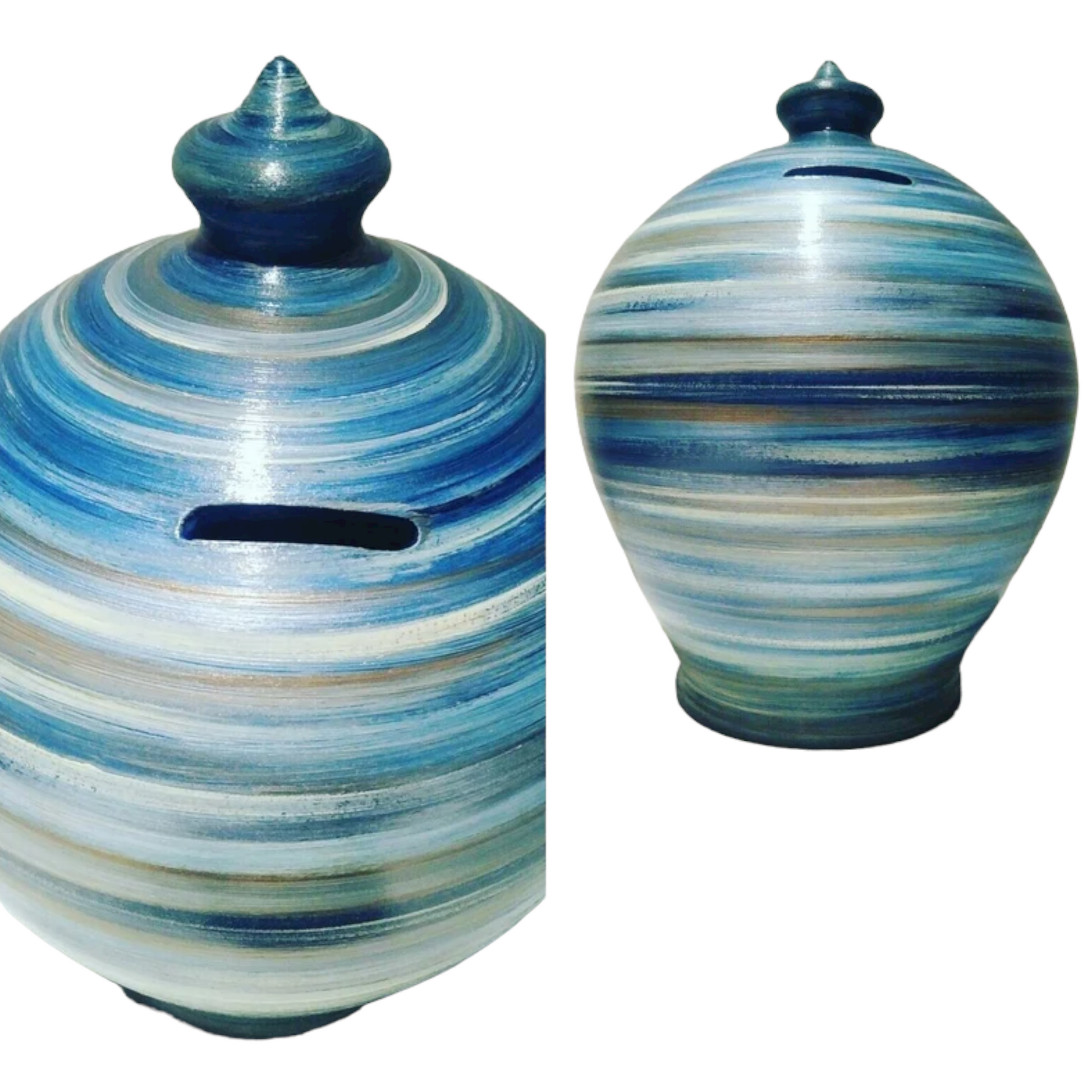 Curvy, gorgeous, precious and one of the most classy and thoughtful gifts for a man or a woman! Handmade and hand painted in my studio in Rome, Italy.  Size: 17 cm = 6.70 inches in height. Circumference: 44 cm = 17.32 inches.  Made to order. Colors: Beige, Shades of Blue and Bronze, as in picture.  With hole and stopper plug, or without hole.