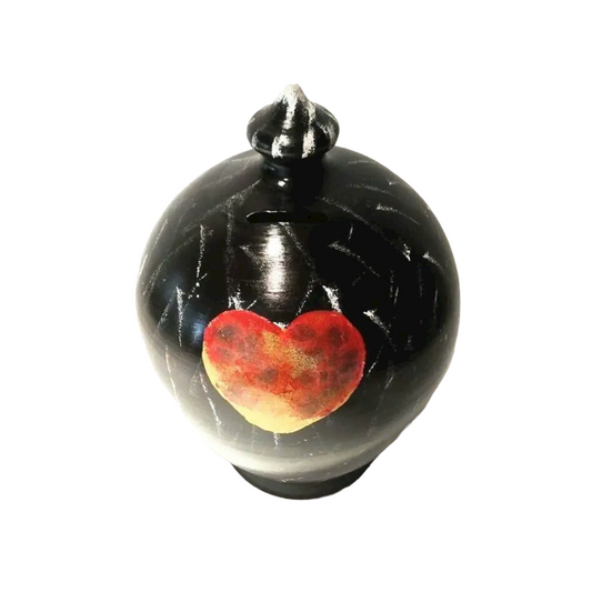A piggy bank full of hearts for enjoying some lovely savings! Handmade and hand painted in Italy. Size: 20 cm = 7.874 Inches. Circumference: 52 cm = 20 inch. Colors: Black coin bank with shades of white, red and gold hearts. Made to order.   With hole and stopper plug, or without hole.