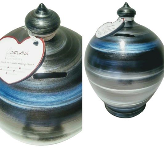 Curvy, gorgeous, precious and one of the most classy and thoughtful gifts for a man or a woman! Handmade and hand painted in my studio in Rome, Italy. Colors: Silver, Navy Blue and Black, as in picture 💰Size: 15 cm = 5.90 inches in height. Circumference: 40 cm = 15.74 inches. With hole and stopper plug, or without hole.