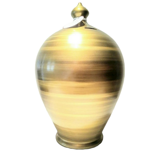 Gold and bronze, stunning and classy, this coin bank adds an impressive accent to any home decor. Handmade and hand painted with the highest quality of materials, it is a stunning gift made to be treasured! Size: 20 Cm = 7.874 Inches. Circumference: 52 cm = 20 inch. Color: Bronze and gold as in picture. With hole and stopper plug, or without hole. Made to order.