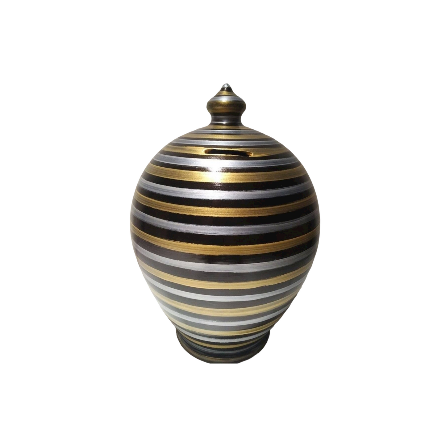 Handmade in Italy, the ideal gift for piggy bank lovers both kids and adults! Colors: Silver, Black & Gold. 💰Size: 15 cm = 5.90 inches in height. Circumference: 40 cm = 15.74 inches. With hole and stopper plug, or without hole.