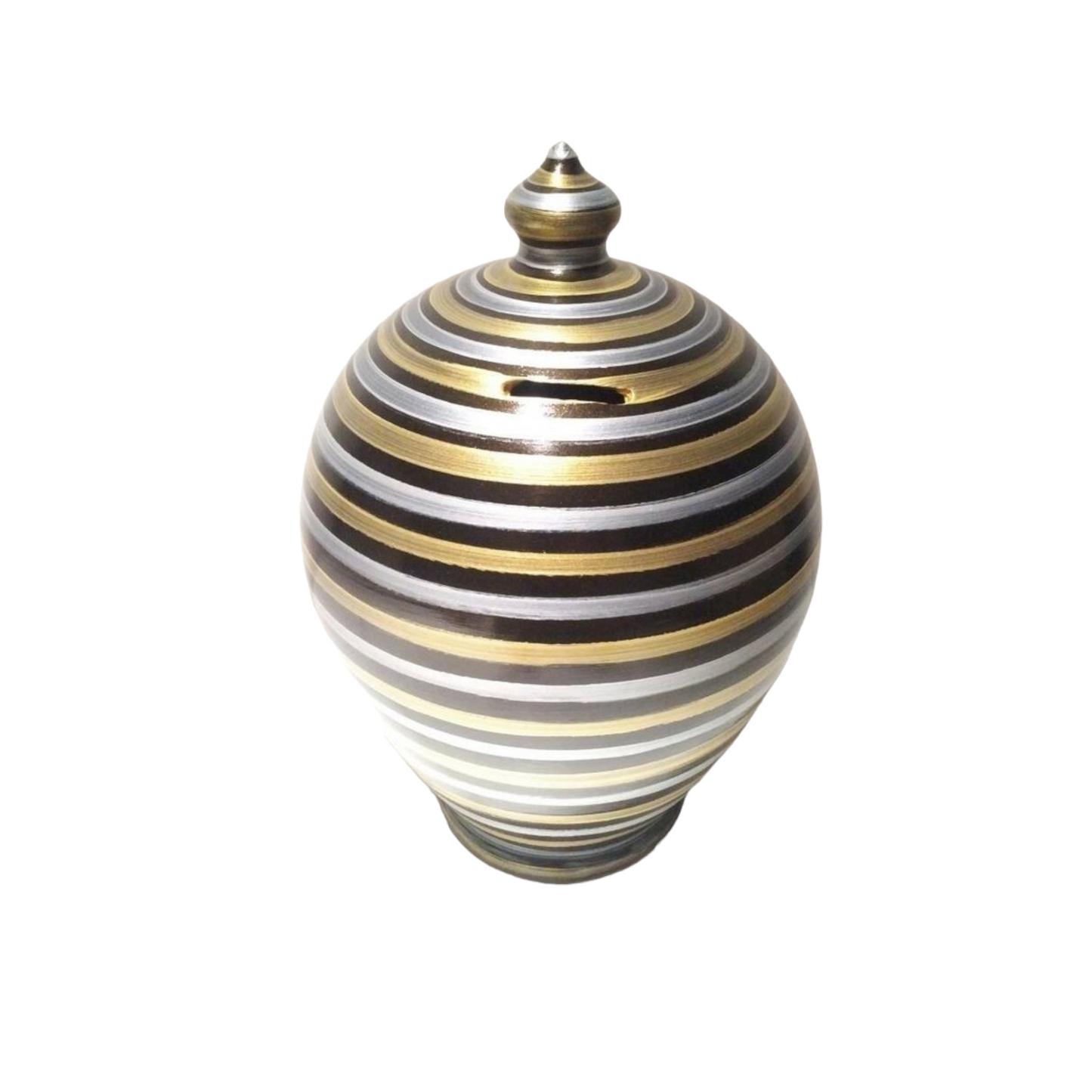 Handmade in Italy, the ideal gift for piggy bank lovers both kids and adults! Colors: Silver, Black & Gold. 💰Size: 15 cm = 5.90 inches in height. Circumference: 40 cm = 15.74 inches. With hole and stopper plug, or without hole.