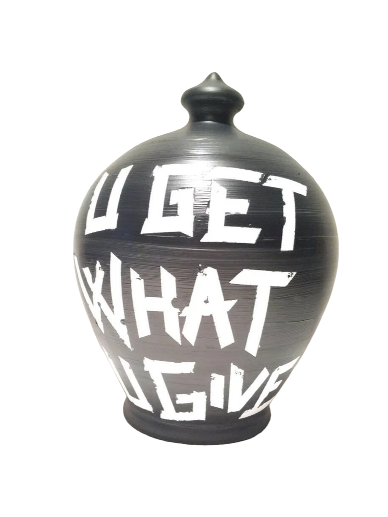 Piggy Bank for adults, Karma is like 69 U Get What U Give.  Coin bank front: KARMA IS LIKE 69.  Coin bank back: U GET WHAT U GIVE.  Size: 30 cm = 11,811 Inches. Made to order.  Black and White, as in picture With hole and stopper plug, or without hole.