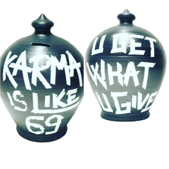 Piggy Bank for adults, Karma is like 69 U Get What U Give.  Coin bank front: KARMA IS LIKE 69.  Coin bank back: U GET WHAT U GIVE.  Size: 30 cm = 11,811 Inches. Made to order.  Black and White, as in picture With hole and stopper plug, or without hole.
