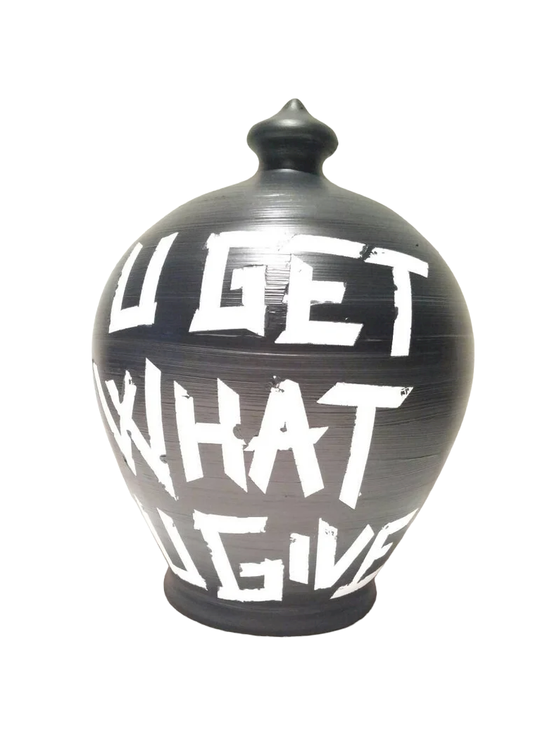 Piggy Bank for adults, Karma is like 69 U Get What U Give.  Coin bank front: KARMA IS LIKE 69.  Coin bank back: U GET WHAT U GIVE.  Size: 30 cm = 11,811 Inches. Made to order.  Black and White, as in picture With hole and stopper plug, or without hole.