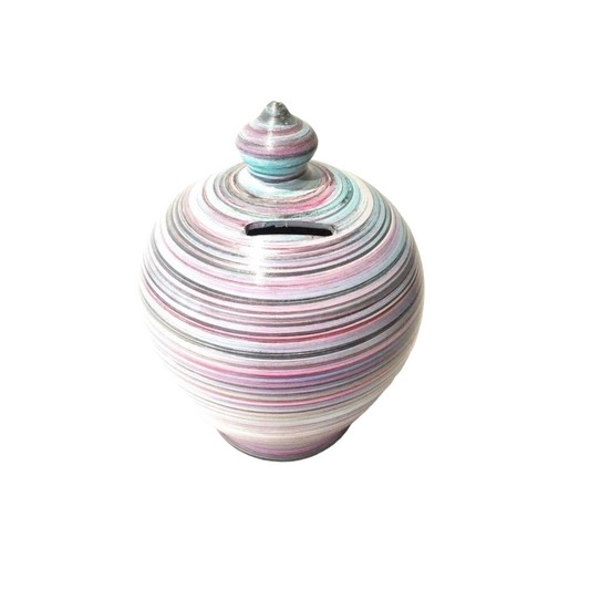A coin bank for your cash savings, so stunning and stylish that you will never want to break open! Handmade to order in my studio in Rome, Italy, it is the perfect gift for women and men!. 💰Size: 15 cm = 5.90 inches in height. Circumference: 40 cm = 15.74 inches. Colors: Pink, Turquoise, Black, White and a little silver, as in picture. Made to order. With hole and stopper plug, or without hole.