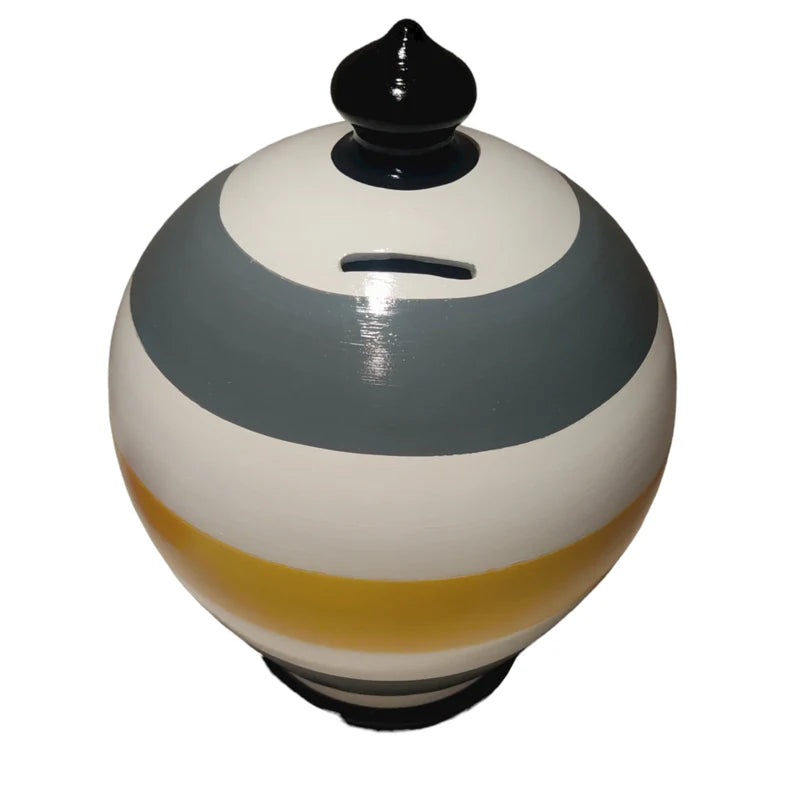 Italian Pottery Piggy bank. White, Grey, Yellow and black.  Handmade in Rome, Italy.