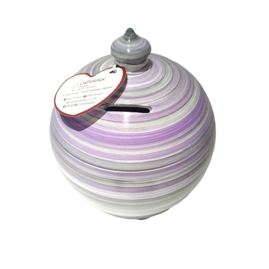 Italian Pottery Piggy Bank. Size: 25 cm = 9.8425 Inches.  Made to order. White, Purple & Gray, as in picture. With hole and stopper plug, or without hole. This item is entirely handmade and hand-painted with acrylic colors, and is signed by me at the bottom.