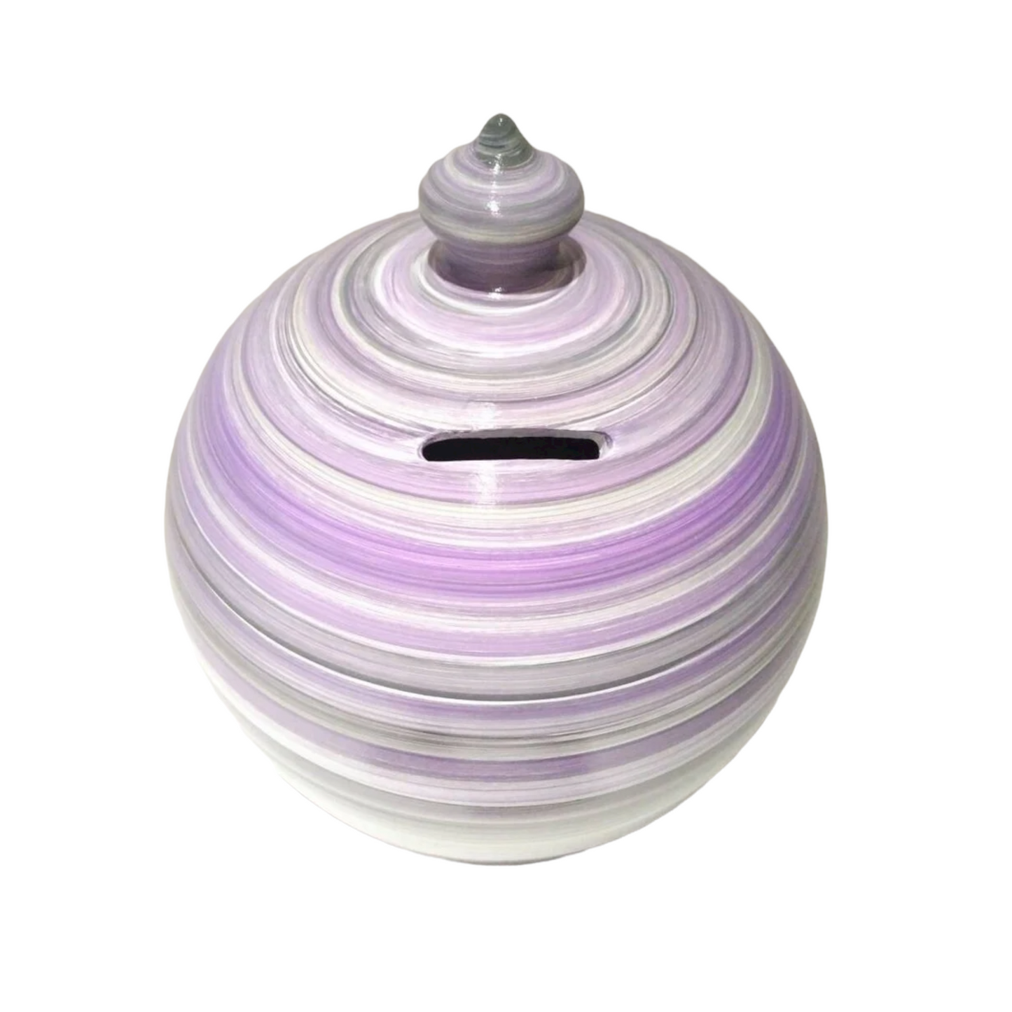 Italian Pottery Piggy Bank. Size: 25 cm = 9.8425 Inches.  Made to order. White, Purple & Gray, as in picture. With hole and stopper plug, or without hole. This item is entirely handmade and hand-painted with acrylic colors, and is signed by me at the bottom.