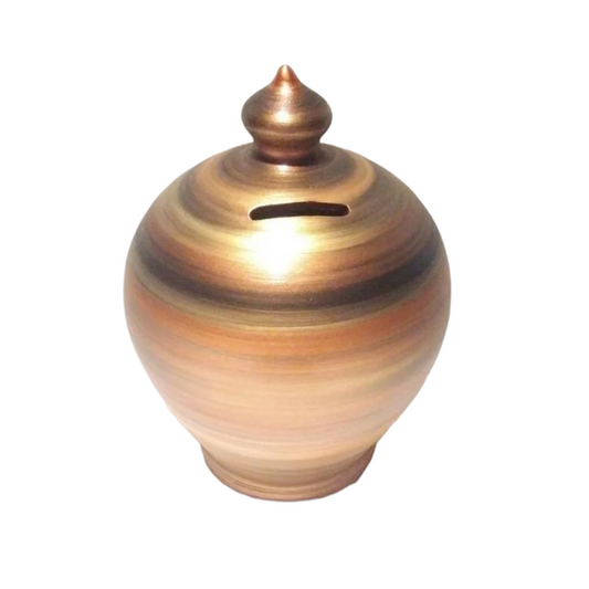 Pottery piggy bank. handmade and handpainted with swirls in black, copper and gold. Handmade in Rome, italy. Size: 15 cm = 5.90 inches in height. Circumference: 40 cm = 15.74 inches. Colors: Copper, Gold and Black. With hole and stopper plug, or without hole.