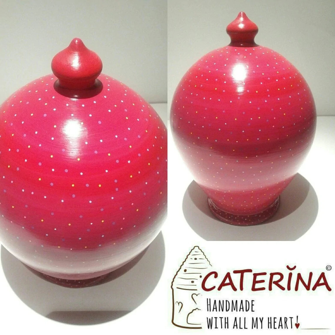 Curvy, gorgeous, precious and one of the most classy and thoughtful gifts for a man or a woman! Handmade and hand painted in my studio in Rome, Italy.  Size: 20 cm = 8 inches in height; circumference: 52 cm = 20 inch.  Colors: Shades of Pink + Multicolor dots.  With hole and stopper plug, or without hole.