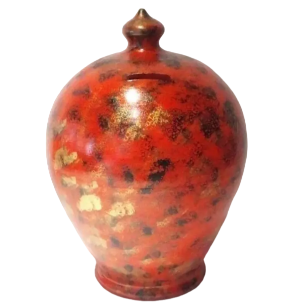 Curvy, gorgeous, precious and one of the most classy and thoughtful gifts for a man or a woman! Handmade and hand painted in my studio in Rome, Italy.  Made to order. Piggy bank size: 20 cm = 7.874 Inches. Circumference: 52 cm = 20 inch.  Color: Orange+Red, Gold, Black. With hole and stopper plug, or without hole.