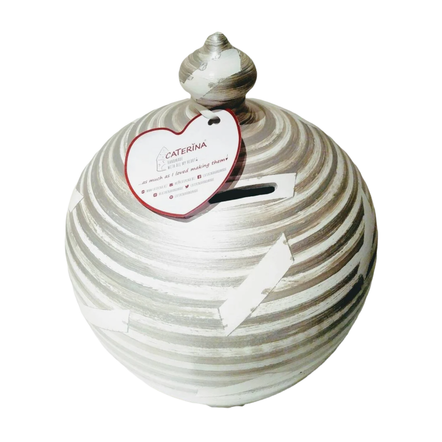 A coin bank for your cash savings, so stunning and stylish that you will never want to break open. Handmade to order in my studio in Rome, Italy, it is the perfect gift for women and men. Colors: Silver & White,  Size: 20 cm = 7.874 Inches. Circumference: 52 cm = 20 inch.  With hole and stopper plug, or without hole.