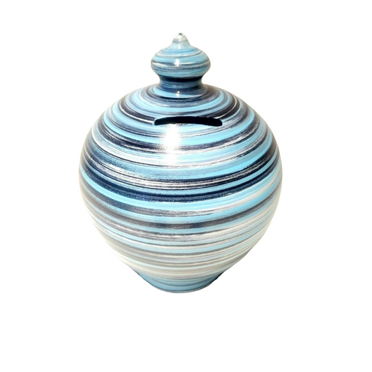 Curvy, gorgeous, precious and one of the most classy and thoughtful gifts for a man or a woman! Handmade and hand painted in my studio in Rome, Italy. Beautifully made Coin Bank.  Size: 17 cm = 6.70 inches in height. Circumference: 44 cm = 17.32 inches.   Made to order. Colors: Sky Blue, Dark Blue and White.   With hole and stopper plug, or without hole.
