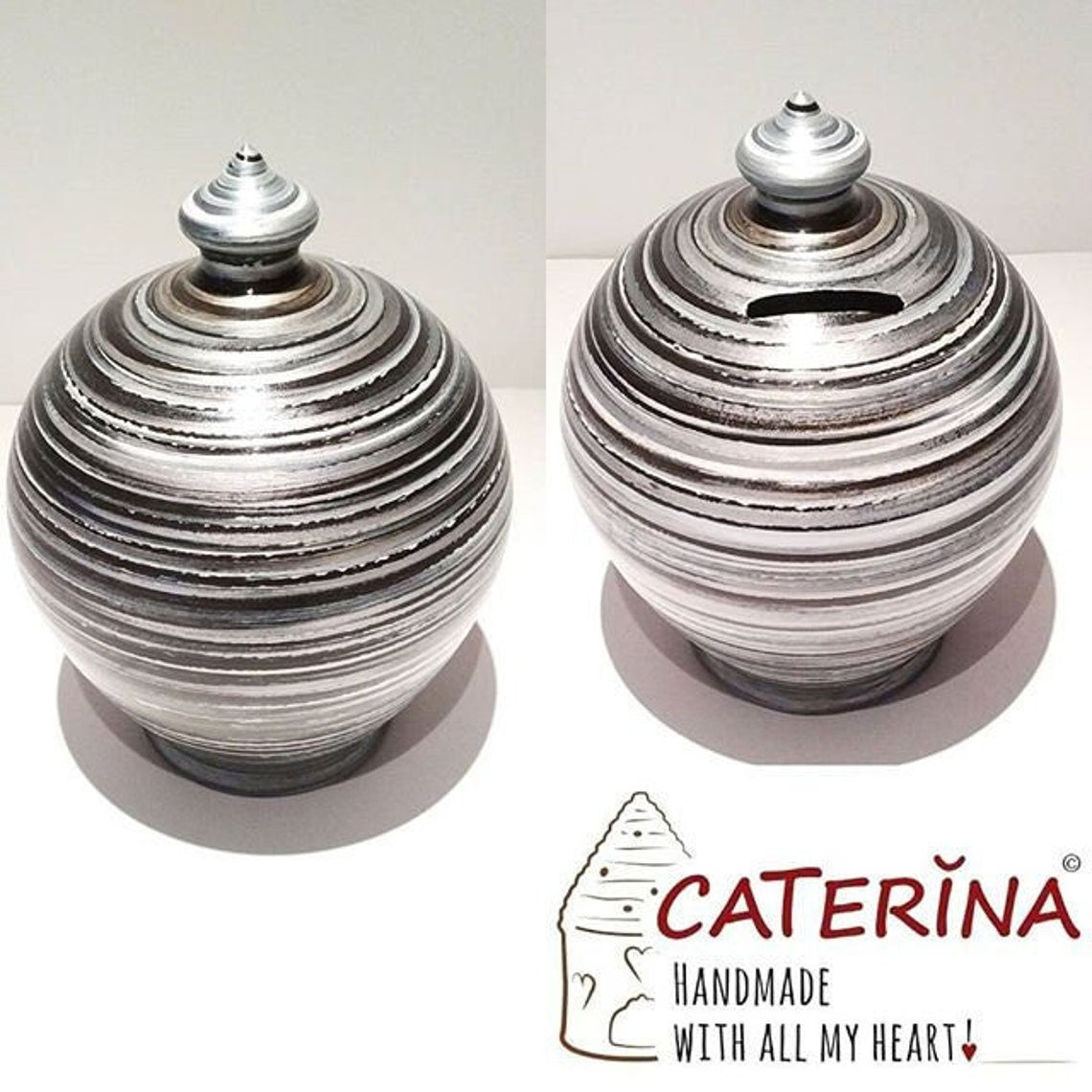 Handmade Italian pottery at its finest. Add character to your home and save money in style. Curvy, gorgeous, precious and one of the most classy and thoughtful gifts for a man or a woman. Handmade and hand painted in my studio in Rome, Italy.  Piggy bank size: 20 cm = 7.874 Inches. Circumference: 52 cm = 20 inch. Made to order. Colors: Silver, White and Black.  With hole and stopper plug, or without hole.
